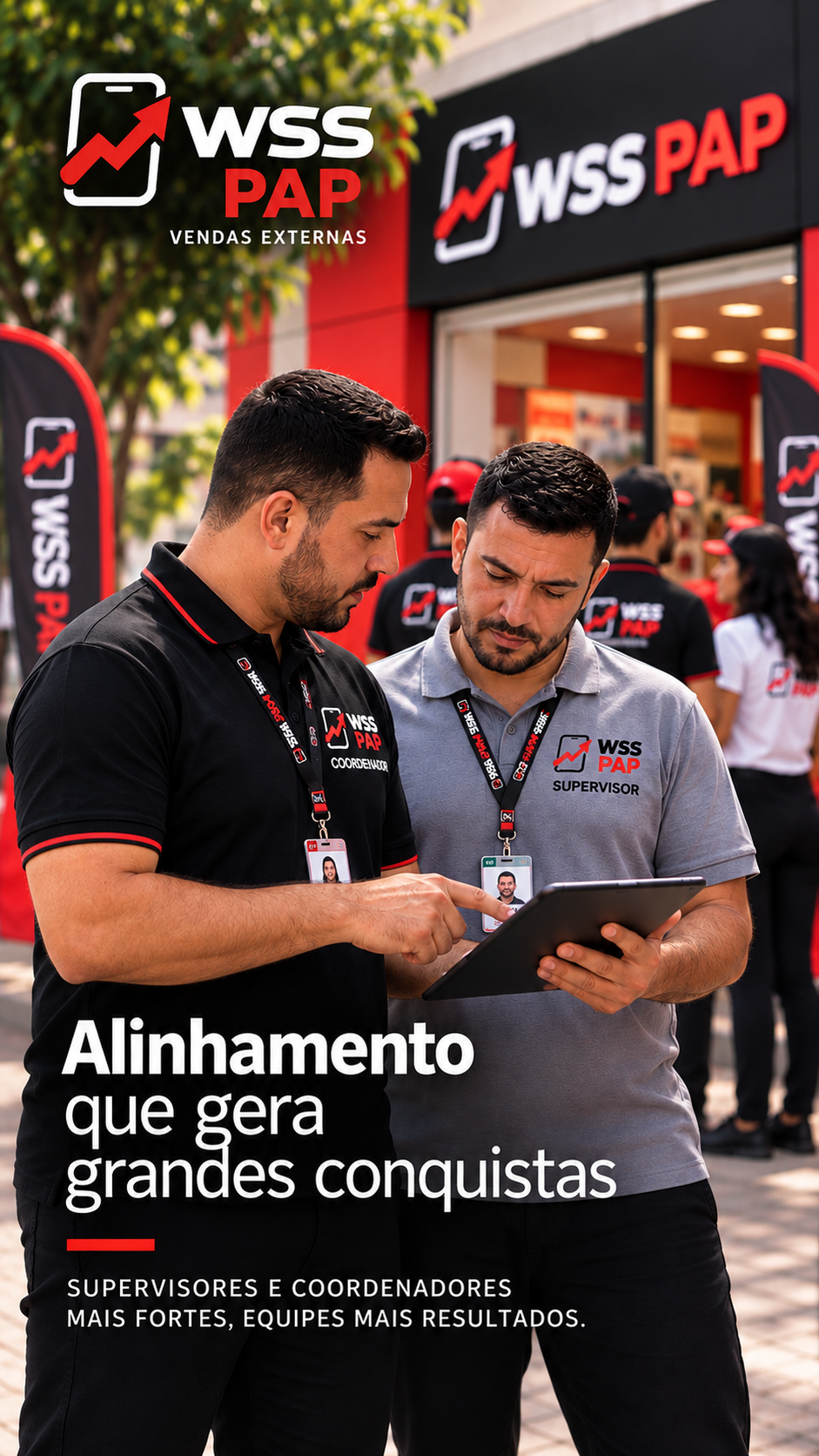 Coordenador mostrando o WSS ao supervisor, vendedores ao fundo